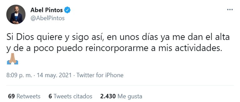 Abel Pintos se recupera del Covid-19 y les lleva tranquilidad a sus seguidores