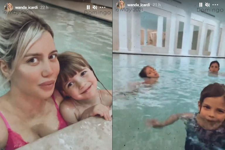 Wanda Nara quiso tomarse un día de spa pero fue invadida por "intrusos": sus tres hijos menores jugaron con ella en la piscina.