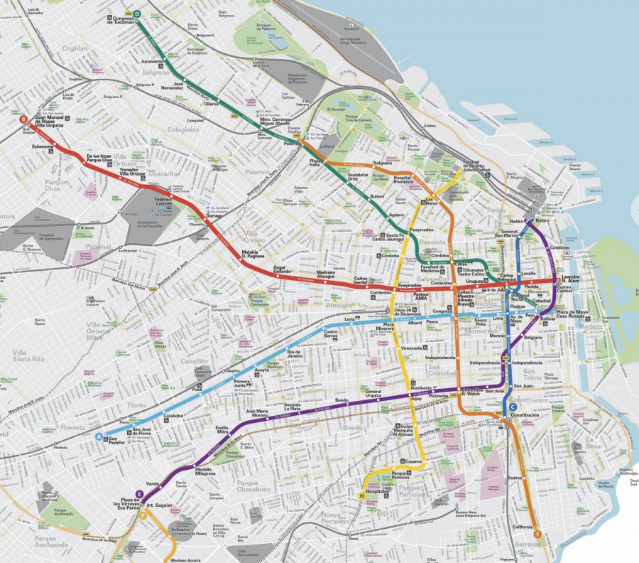 La traza de subtes con la Linea F en naranja