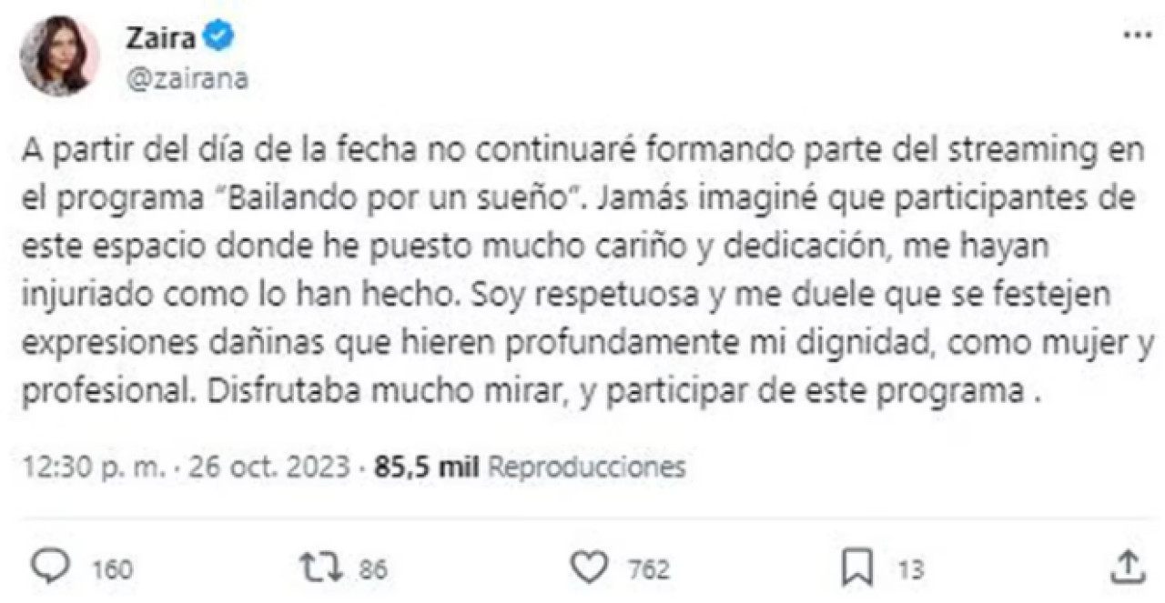 El descargo de Zaira Nara en las redes. Foto captura.