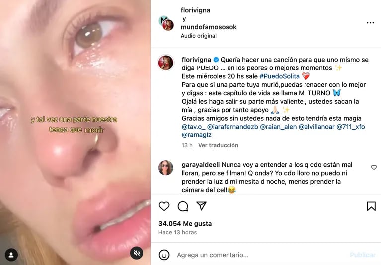 Flor Vigna apareció llorando en sus redes sociales. Fuente: Instagram.